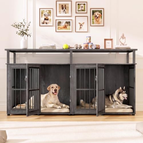 87" Double Dog Crate Furniture with Removable Divider, Grey, view 4