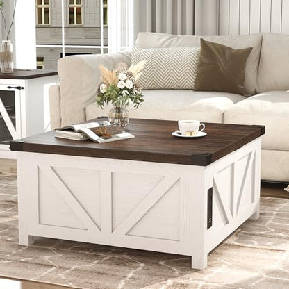 Farmhouse Lift Top Coffee Table with Storage, Wood Square Center Table with Charging Station&USB Port, Living Room Table w/Large Hidden Space, for Living Room, Bedroom, Home Office, White