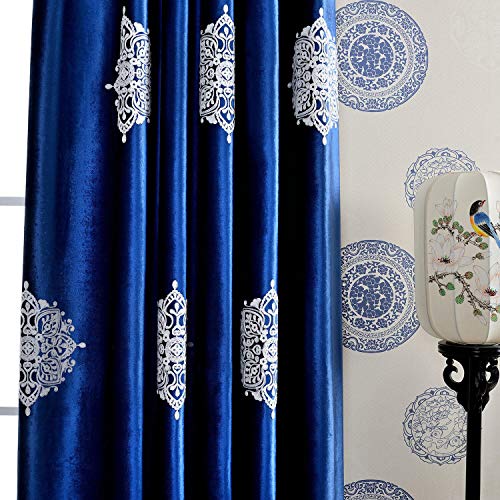 Blackout Curtains 84 Inches Long for Bedroom, White Flowers Embroidered Room Darkening Window Drapes for Living Room, 52x84, 2 Panels, Dark Blue