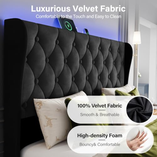 Queen Size Bed Frame with Headboard, Velvet Upholstered Bed Frame, view 4