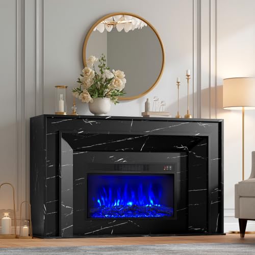 58" Fireplace TV Stand, Marble Finish Electric Fireplace Mantel,Black, view 4