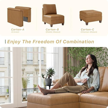 Faux Leather Modular Sectional Sofa with Storage, Mid Century Modern Sectional Couches for Living Room, 91" Wide 3 Seater L-Shaped Couch with Ottoman, Brown