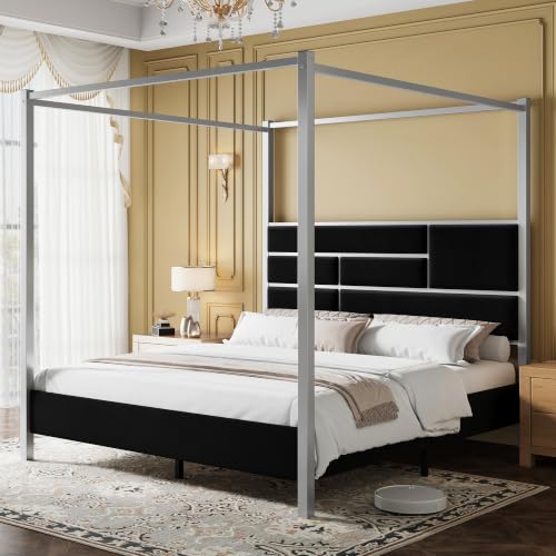 Queen Canopy Bed Frame, Velvet Upholstered with Silver Trim, Black, view 2