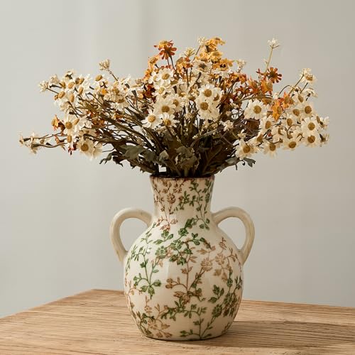 Ceramic Green and Beige Retro Vase with Handles, view 2