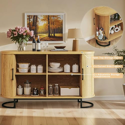 47.2" Sideboard Buffet Cabinet with Storage, Fluted Storage Cabinet with Sliding Door & Adjustable Shelf, Modern Tambour Sideboard Buffet for Kitchen, Living Room, Entryway, Oak