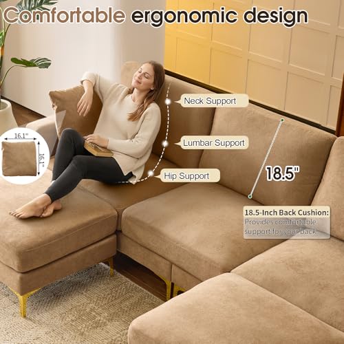 100" W U Shaped Couch with Ottoman, 22" Deep Seat Comfortable Sectional Couches for Living Room, 3 Seater Chenille Fabric Cloud Sofa for Apartment, Small Spaces, Bedroom, Khaki