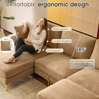 100" W U Shaped Couch with Ottoman, 22" Deep Seat Comfortable Sectional Couches for Living Room, 3 Seater Chenille Fabric Cloud Sofa for Apartment, Small Spaces, Bedroom, Khaki