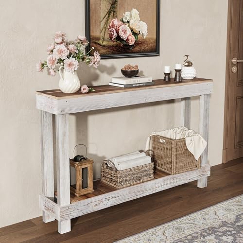 46-Inch Long Console Table, Farmhouse Console Sofa Table, Solid Wood Entryway Table for Hallway, Living Room, Entrance, 2 Tiers, Easy Assembly, Classic White