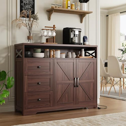 47" Dark Brown Farmhouse Storage Cabinet with Barn Doors and Drawers | Sideboard Buffet Cabinet with Storage, Kitchen Pantry Hutch, Coffee Bar Station Table for Kitchen, Living, Dining Room