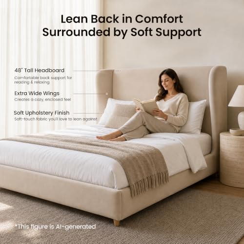 Queen Upholstered Bed Frame, 47" Tall Wingback Headboard, Beige, view 5