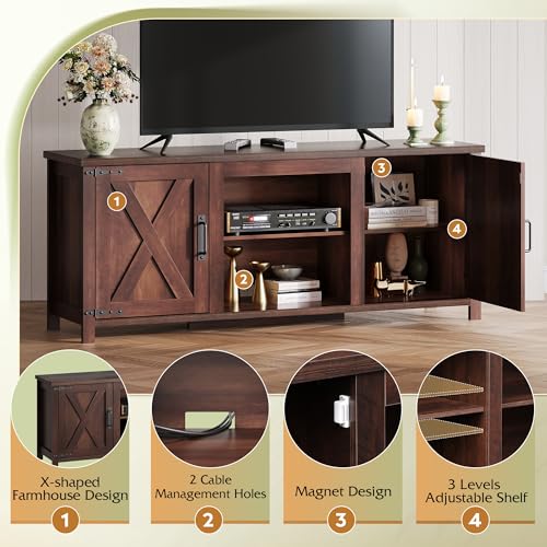 Modern Farmhouse TV Stand for TVs up to 65", Entertainment Center with X-Shaped Barn Doors, Large Storage Media TV Console with Adjustable Shelves & Cable Holes for Living Room, Brown