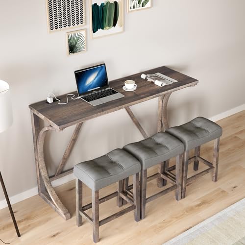 4-Piece Farmhouse Counter Height Dining Set, Bar Table and Chairs Set, Wood Dining Table Set with Power Outlet and 3 Upholstered Stools for Breakfast Nook, Living Room, Brown Yellow
