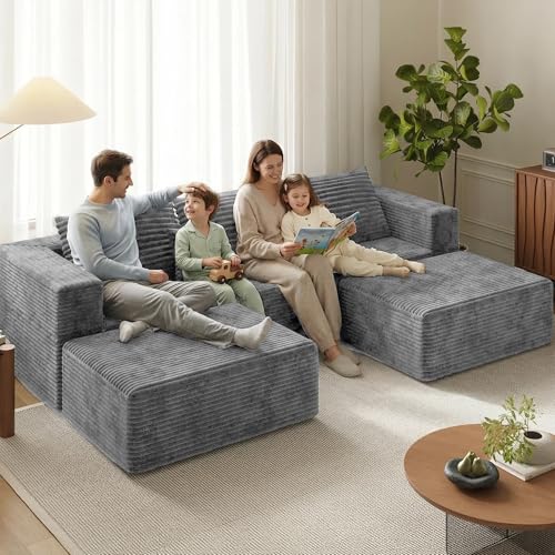 110" U Shaped Sectional Sofa with 2 Ottomans, Modular Corduroy Boneless Cloud Couch, Oversized Deep Seat Sofa for Living Room, Flexible Combination Design, No Assembly Required