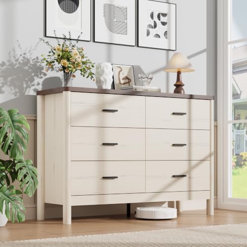 6 Drawer Dresser, Wooden Storage Chest of Drawers, White & Brown, view 2