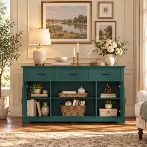 Mid Century Wood TV Stand with 3 Drawers for TV up to 65", Green, view 5