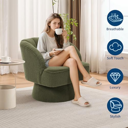 Modern Swivel Barrel Accent Chair, 360° Teddy Fabric Upholstered Armchair with Striped Backrest & Plush Padding, Comfy Round Lounge Chair for Living Room, Bedroom, Reading Nook, Green
