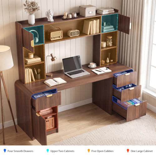 63" Office Desk with Hutch Storage, Computer Desk with 4 Drawers, Walnut, view 6