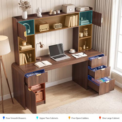 63" Office Desk with Hutch Storage, Computer Desk with 4 Drawers, Walnut, view 6