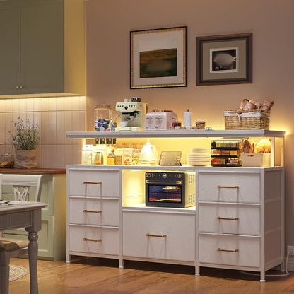 Dresser TV Stand for 55" TV, 7 Fabric Drawer Dressers and 2 Open Storage Shelves, White Dresser for Bedroom with LED Lights & Power Outlets, Closet, Entryway, Hallway, Dorm