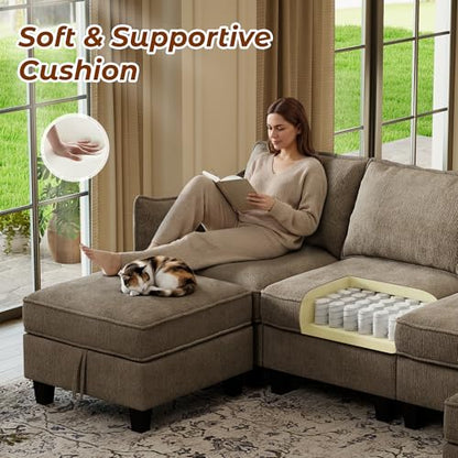 112" Modular Sectional Sofa U Shape Couches with Storage Ottoman and Washable Cushion Cover for Living Room, Bedroom, Apartment(Brown)