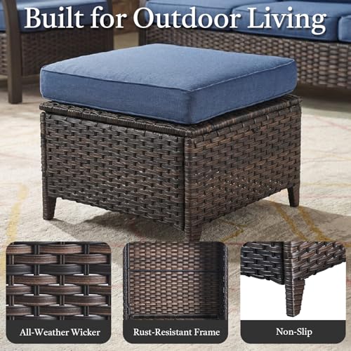 Outdoor Ottoman Set of 2 - PE Wicker Rattan Ottoman Patio Footstool for Deck Porch Balcony Garden - Brown/Blue