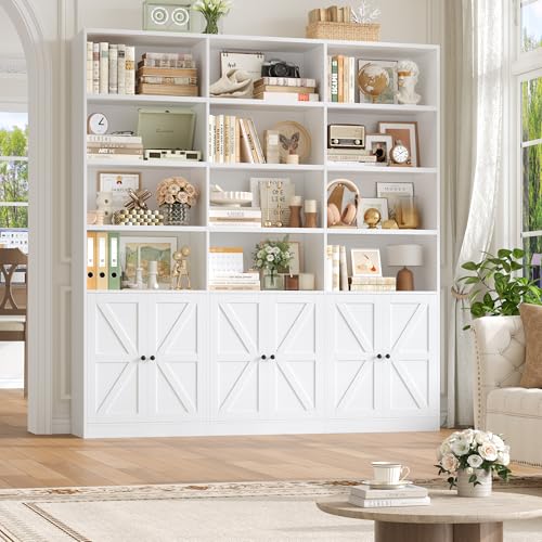 75" Triple Wide Bookshelf, White Bookshelf and Bookcase with 6 Farmhouse Doors, 71" Wide 6 Tier Book Shelf with 18 Storage Shelves, Large Wooden Bookshelves, Tall Bookcase for Office, White