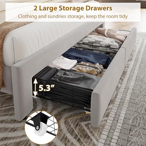 Full Size Velvet Upholstered Bed Frame, 2 Storage Drawers with Smooth Casters, Button Tufted Rivets Headboard, Wooden Slat Support, Noise Free & No Box Spring Needed, Beige Bedroom Bed