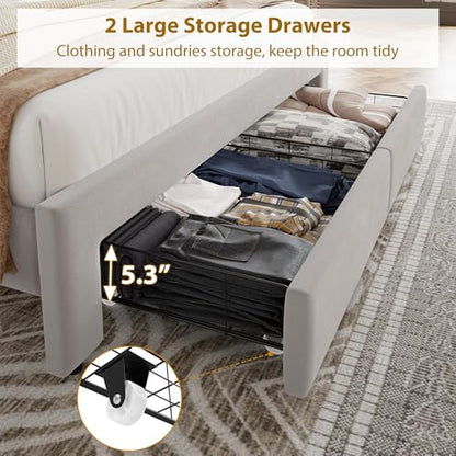 Full Size Velvet Upholstered Bed Frame, 2 Storage Drawers with Smooth Casters, Button Tufted Rivets Headboard, Wooden Slat Support, Noise Free & No Box Spring Needed, Beige Bedroom Bed