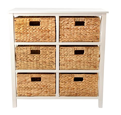 3 Tier X-Side End Storage Cabinet Table, White | 6 Wicker Baskets, For Bedroom, For Living Room