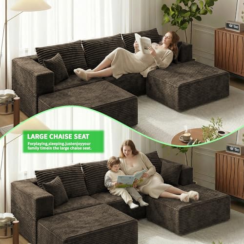 110" U Shaped Sectional Sofa with 2 Ottomans, Modular Corduroy Boneless Cloud Couch, Oversized Deep Seat Sofa for Living Room, Flexible Combination Design, No Assembly Required