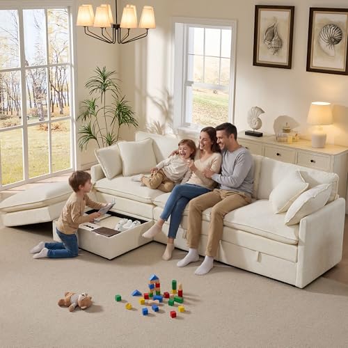 103" Modular Sectional Sofa with Storage, L Shaped Cloud Couch with Movable Ottomans & 4 Pillows, Chenille Deep Seat Sectional Couches for Living Room, Apartment (Beige)