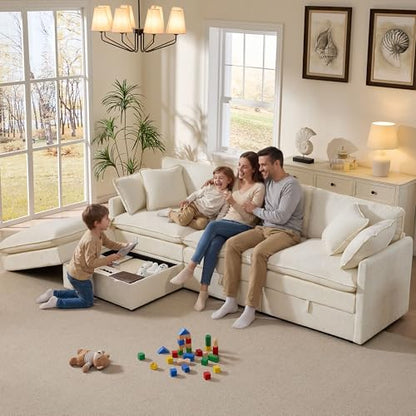 103" Modular Sectional Sofa with Storage, L Shaped Cloud Couch with Movable Ottomans & 4 Pillows, Chenille Deep Seat Sectional Couches for Living Room, Apartment (Beige)
