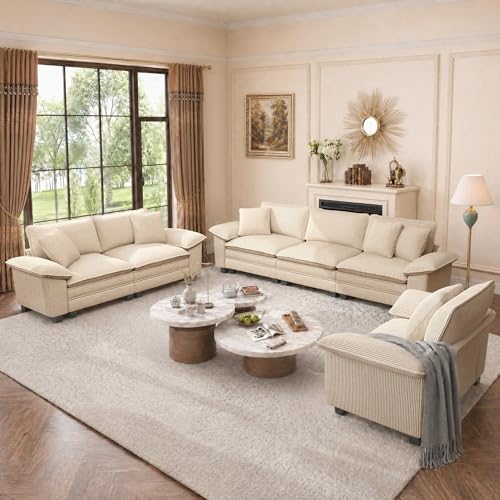 Cloud Modular Couches Sets, 3 Pieces Large Sectional Sofa Set with Loveseats & Armchair, 6-Seater Upholstered Couch for Living Room, Corduroy Fabric, Beige