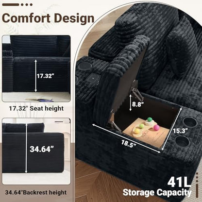 150" Modular Sectional Couch with Bluetooth Speaker, 5-Piece Cloud Sectional Sofa with Console, Storage, USB, 2 Ottoman & Cup Holder, U Shaped Boneless Couches for Living Room Furniture, Black