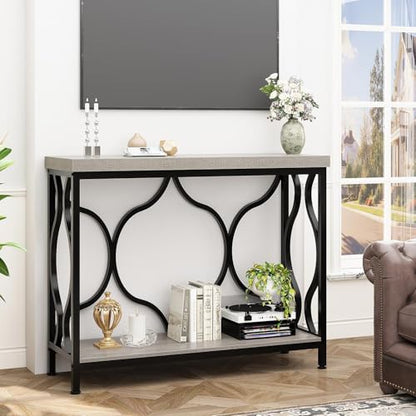 Narrow Entryway Table with Storage, Modern Wood Metal Console Sofa Table Behind Couch Tables, Industrial Narrow Hallway Table for Living Room Home Office Foyer Entry Way Entrance, Grey, 39.4 Inch