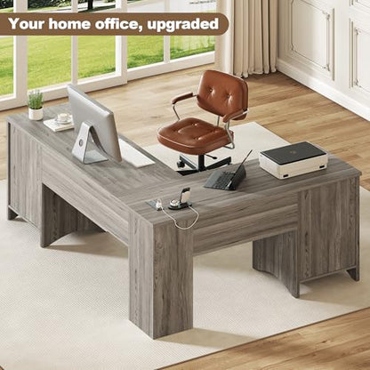67" L-Shaped Standing Desk, File Cabinet & Charging Station, Grey, view 7