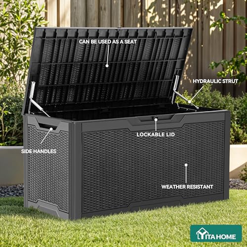 100 Gallon Large Deck Box | Outdoor Resin Storage Boxes for Patio Furniture, Outdoor Cushions, Garden Tools, Water Resistant and Lockable