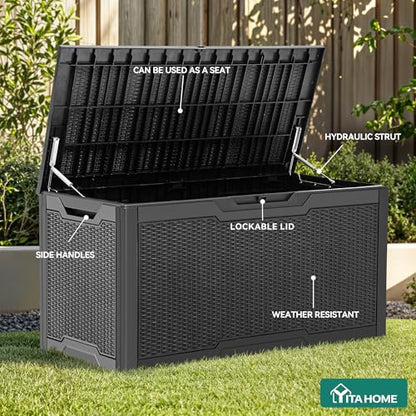 100 Gallon Large Deck Box | Outdoor Resin Storage Boxes for Patio Furniture, Outdoor Cushions, Garden Tools, Water Resistant and Lockable