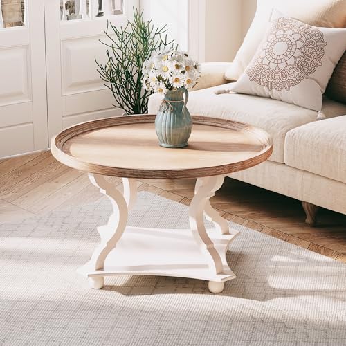 Round Farmhouse Coffee Table, Wood Tray Top, White, Circle