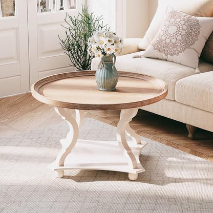 Round Farmhouse Coffee Table, Wood Tray Top, White, Circle
