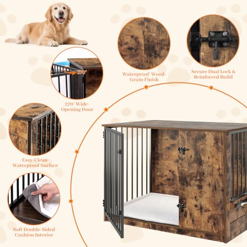 40" Dog Crate Furniture for Large Dogs, Rustic Brown, view 6
