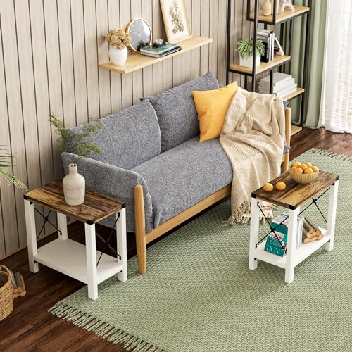 Farmhouse End Table for Small Spaces, Set of 2,Narrow Side End Table with Storage Shelf, Rustic X-Design Nightstand Sofa Table for Living Room, Bedroom White