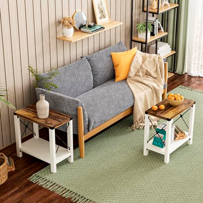 Farmhouse End Table for Small Spaces, Set of 2,Narrow Side End Table with Storage Shelf, Rustic X-Design Nightstand Sofa Table for Living Room, Bedroom White