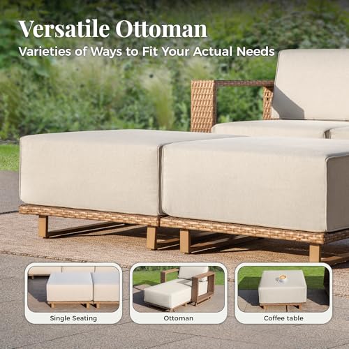 4 Pcs Outdoor Patio Furniture Set, Yellow Rattan Wicker Modular Couch Chairs, 2 Rattan Single Sofa, 2 Ottomans with 10" Extra Thick Cushions, Low Profile Lawn Garden Deck Furniture