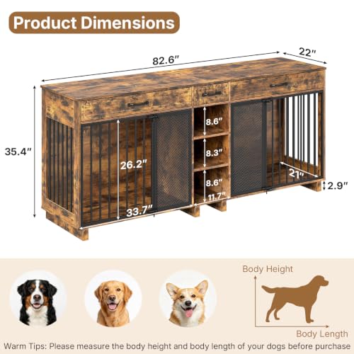 82" Double Dog Crate Furniture with Drawers and Shelves, Brown, view 3