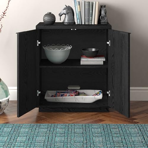 28" Fluted Wooden Accent Cabinet, Ribbed Modern Sideboard Buffet Cabinet with 2 Doors and an Adjustable Shelf for Living Room, Dining Room, Bedroom or Entryway, Natural Black
