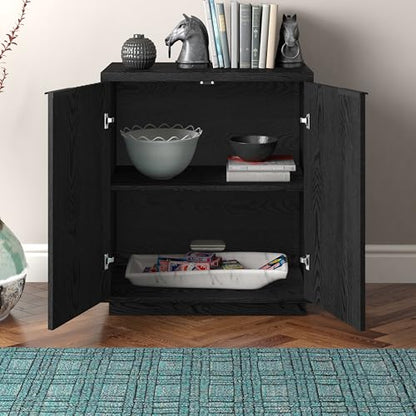 28" Fluted Wooden Accent Cabinet, Ribbed Modern Sideboard Buffet Cabinet with 2 Doors and an Adjustable Shelf for Living Room, Dining Room, Bedroom or Entryway, Natural Black