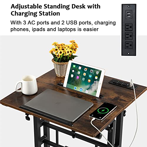 Mobile Standing Desk with Wheels, Rolling Desk Adjustable Height, Portable Laptop Table with Charging Station, Sit Stand up for Home Office, Study, Classroom, Rustic Brown