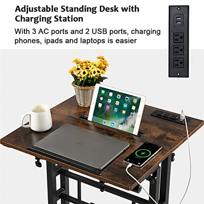 Mobile Standing Desk with Wheels, Rolling Desk Adjustable Height, Portable Laptop Table with Charging Station, Sit Stand up for Home Office, Study, Classroom, Rustic Brown