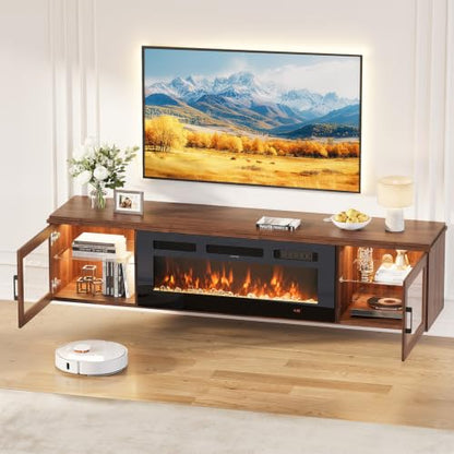 70" Floating TV Stand with Fireplace, Brown, view 5